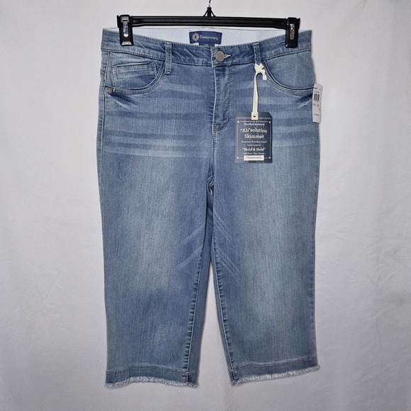 New Democracy Absolution Light Blue Denim Skimmer Mid Rise Capri Frayed Hem 10 - Picture 2 of 11